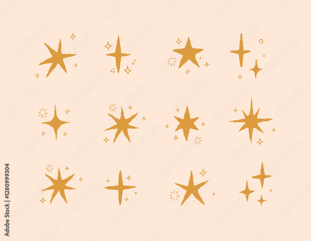 Star shapes with elements drawing in doodle style on beige background
