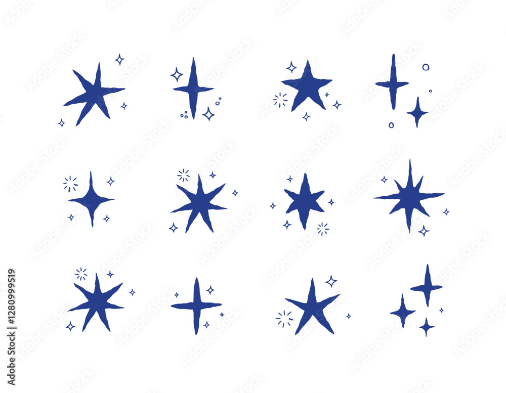 Star shapes with elements in doodle style drawing with blue on white background