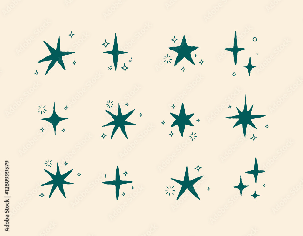 Star shapes with elements in doodle style drawing with green on beige background