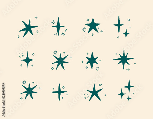 Obraz na płótnie Star shapes with elements in doodle style drawing with green on beige background w salonie
