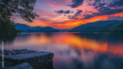 Vibrant sunset over serene lake with reflective waters and majestic mountains