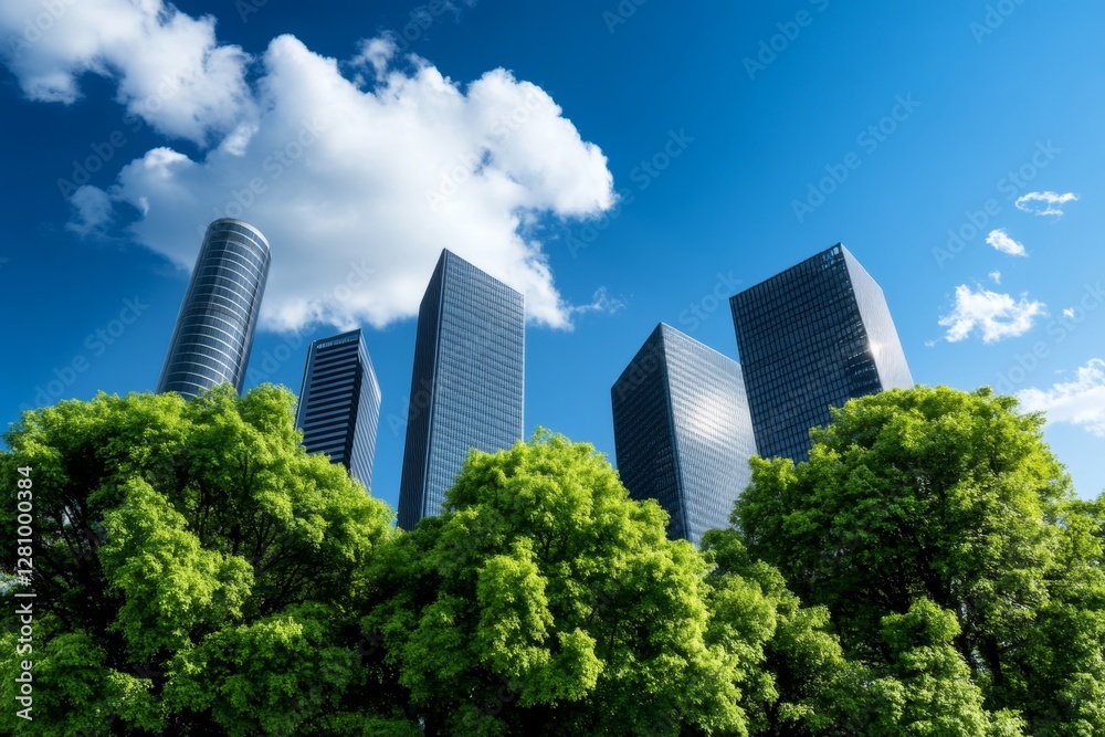 green city - double exposure of lush green forest and modern skyscrapers windows green city - double exposure of lush green forest and modern skyscrapers windows