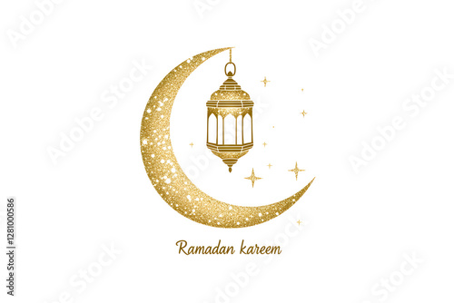 Ramadan Kareem greeting. Islamic crescent moon and lantern. End of fasting. ramadan decorations, Eid al-Fitr. Breaking of holy fast day. Muslim holiday. Arab night sky.	