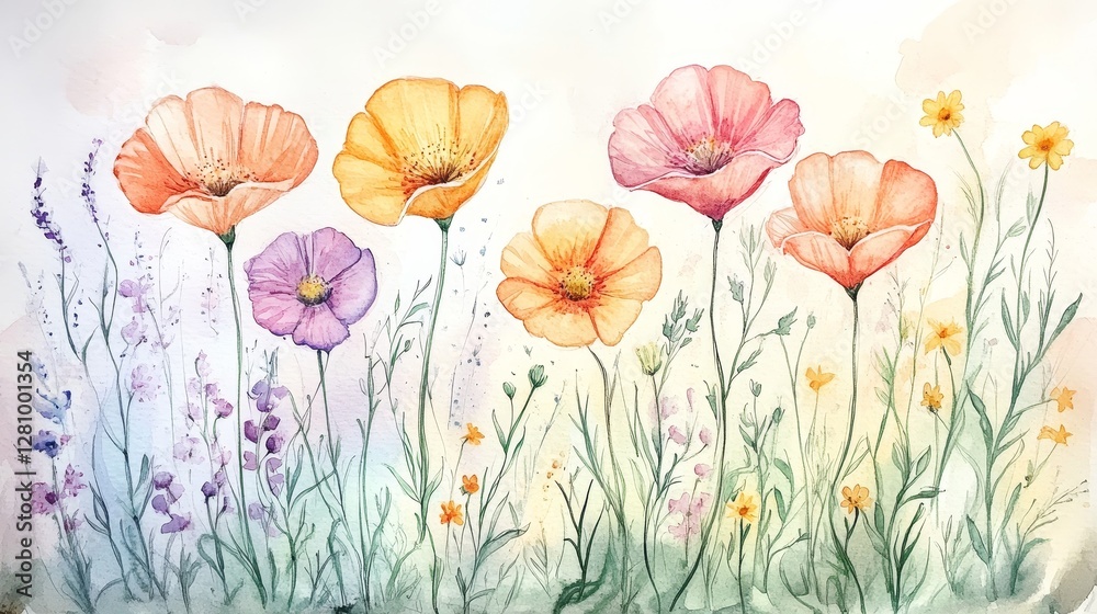Fototapeta premium Colorful Watercolor Flowers in Bloom with Delicate Greenery