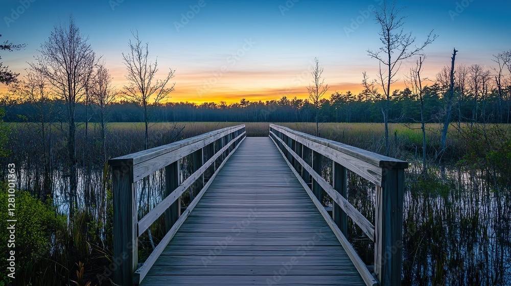 Serene wooden bridge over a swamp at sunrise, leading to an open field with green grass and trees, showcasing a summer landscape under a blue sky. Wide-angle perspective of a tranquil natural scene. Serene wooden bridge over a swamp at sunrise, leading to an open field with green grass and trees, showcasing a summer landscape under a blue sky. Wide-angle perspective of a tranquil natural scene.