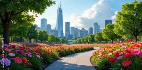 Elevated urban park flowers bloom, High Line vista, sky, photography photo