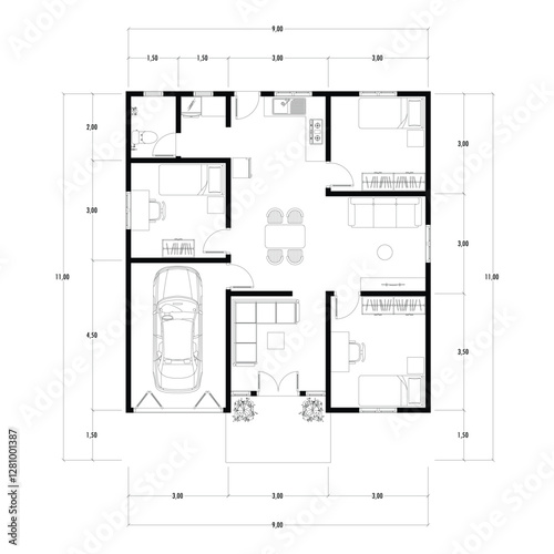 Architecture plan with furniture. home floor plan, isolated on white background, stock illustration.