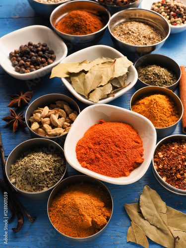 Fototapeta Naklejka Na Ścianę i Meble -  Colorful assortment of spices and herbs on a blue rustic wooden table