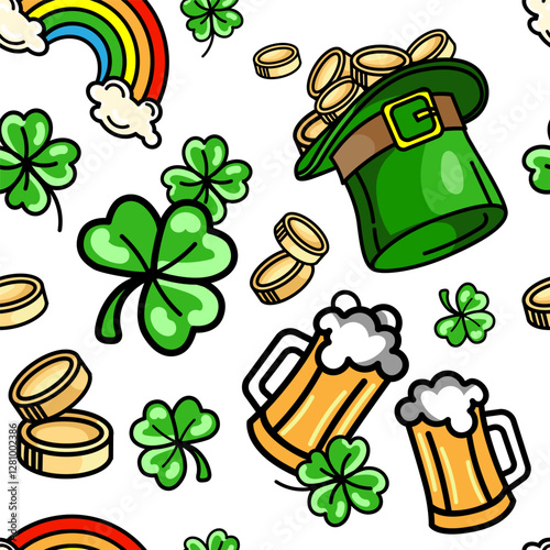 Seamless pattern with St. Patrick's Day symbols, green clovers, leprechaun hat with gold coins, beer mugs, rainbow. Vector holiday decorations, textile, wallpaper, gift wrap, party invitations