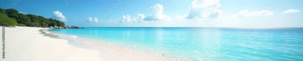 White sand beach, clear shallows, distant island silhouette, sand, idyllic, landscape White sand beach, clear shallows, distant island silhouette, sand, idyllic, landscape