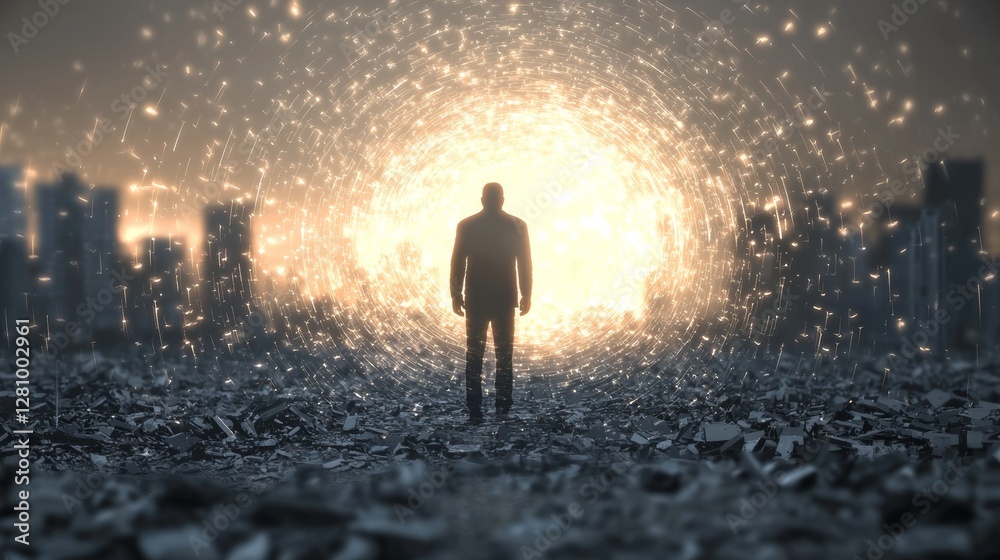 A digital art illustration painting shows a post-apocalyptic scene of a man standing in the ruins of a city, focused on a mysterious circle at his feet A digital art illustration painting shows a post-apocalyptic scene of a man standing in the ruins of a city, focused on a mysterious circle at his feet
