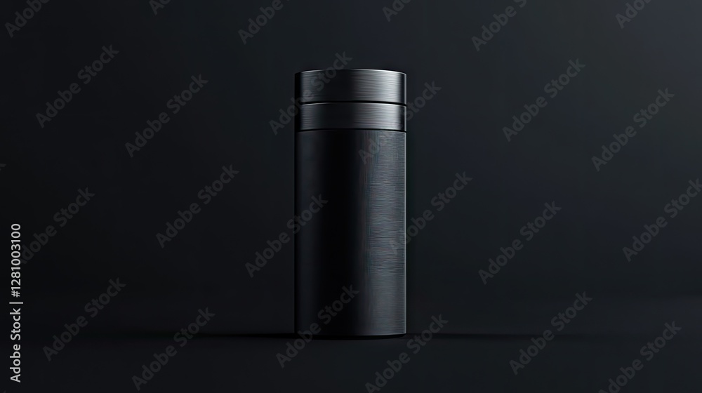 Sleek black and silver cylindrical container with laser-etched branding Sleek black and silver cylindrical container with laser-etched branding