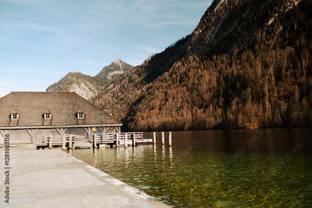 Fototapeta premium pier on Konigssee, known as Germany's deepest and cleanest lake, located in the extreme southeast Berchtesgadener Land district of Bavaria, near the Austrian border.