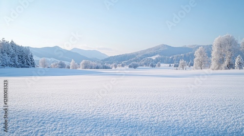 Serene snow-covered winter landscape with frosty trees and mountain views