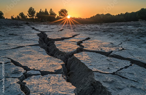 Cracked earth showcases the severe effects of an earthquake, illuminated by the warm glow of a setting sun on a dry landscape photo