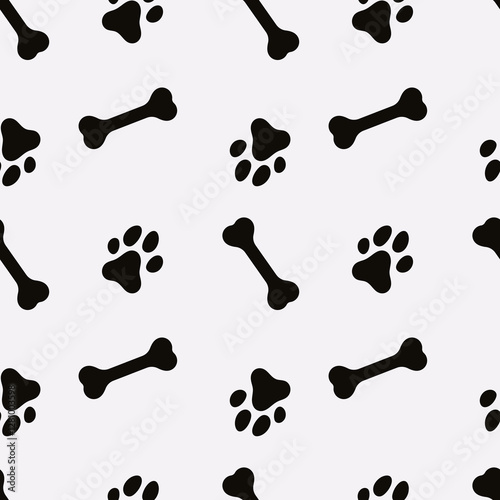 Dog Paw Seamless pattern. Dog footprint and bone repeating pattern. Black and white pattern with dog tracks and bone