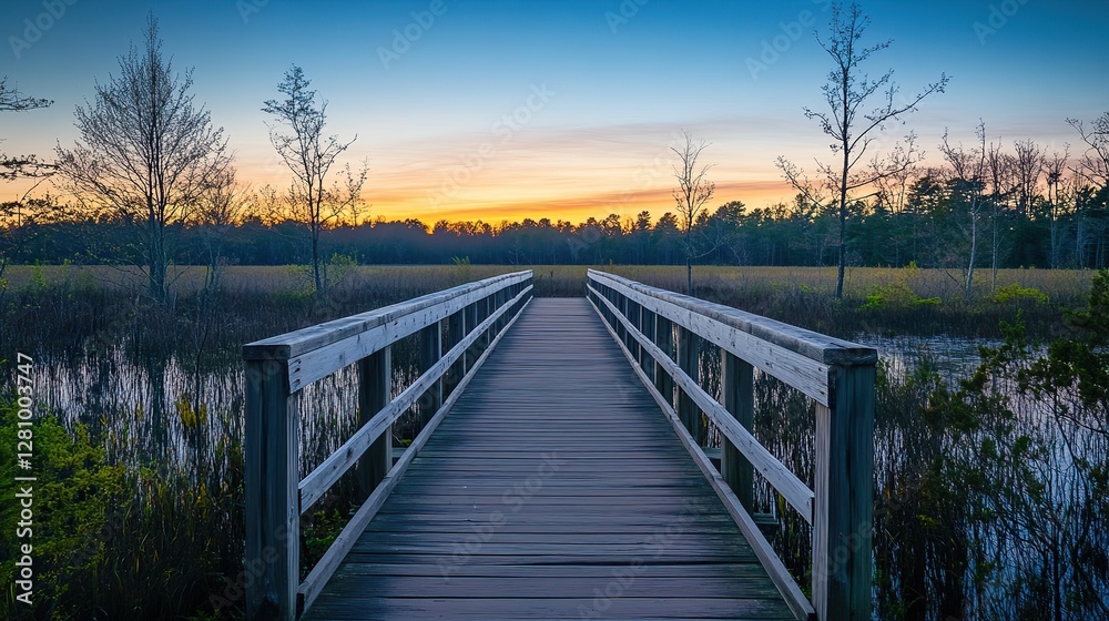 Fototapeta premium Serene wooden bridge over a swamp at sunrise, leading to an open field with green grass and trees, showcasing a summer landscape under a blue sky. Wide-angle perspective of a tranquil natural scene.