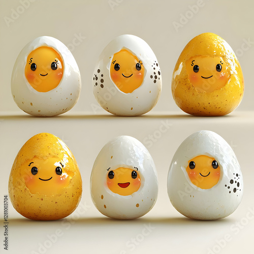 Adorable Cartoon Eggs Happy Faces Cute Illustration Breakfast Food photo