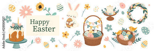 Cute Easter illustration with adorable bunny, festive basket, painted eggs, spring flowers, and holiday decorations. Vector collection in hand drawn style, perfect for greeting cards, posters.