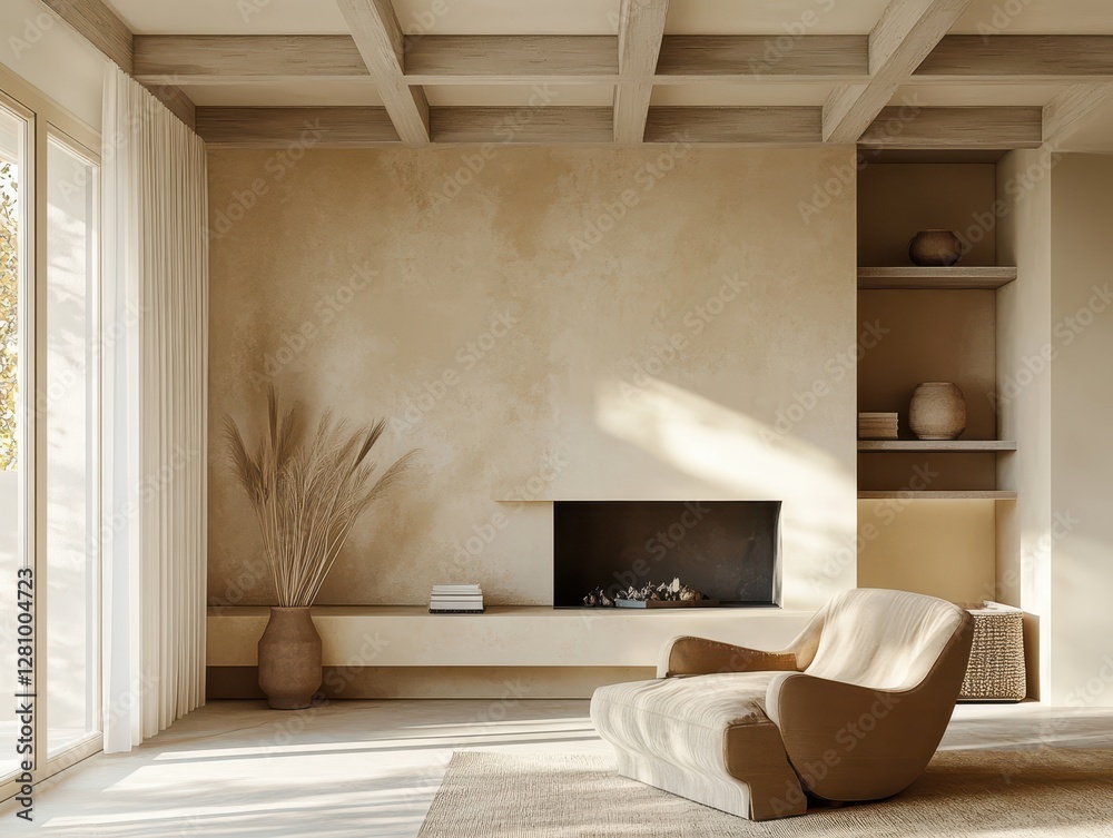 Fototapeta premium Modern minimalist living room shows a cozy and warm atmosphere
