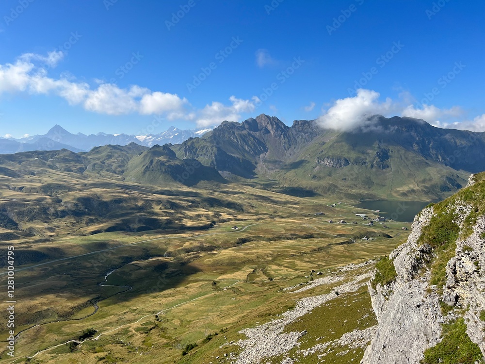 Fototapeta premium Alpine meadows and pastures on the slopes of the Uri Alps mountain massif, Melchtal - Canton of Obwalden, Switzerland (Kanton Obwald, Schweiz)