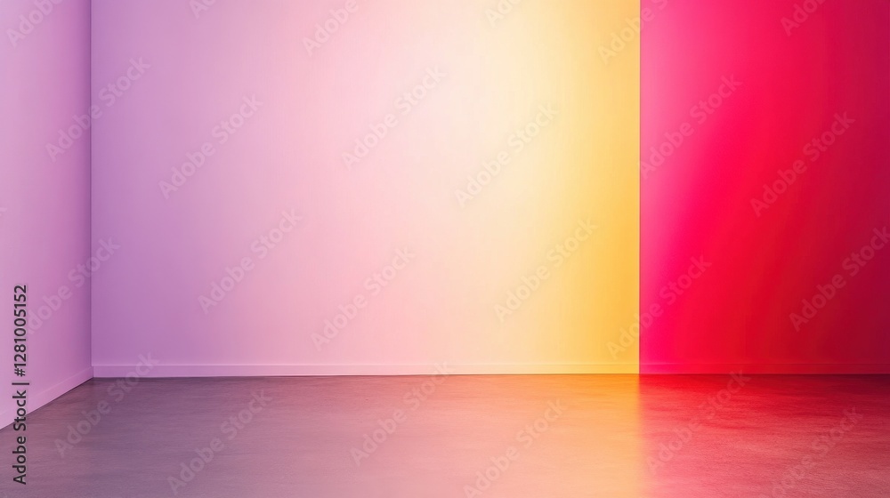 A minimalist room with gradient walls transitioning from purple to pink, featuring a smooth concrete floor, creating a vibrant and modern atmosphere. A minimalist room with gradient walls transitioning from purple to pink, featuring a smooth concrete floor, creating a vibrant and modern atmosphere.