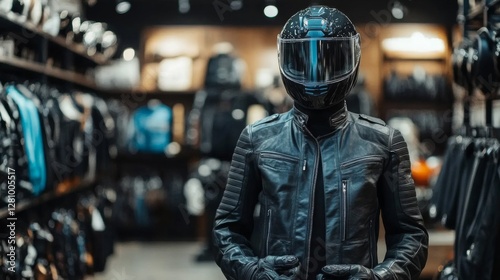 Leather Jacket And Helmet Displayed In A Store