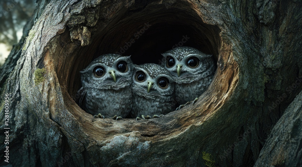 Baby owls in a tree hollow, forest background Baby owls in a tree hollow, forest background
