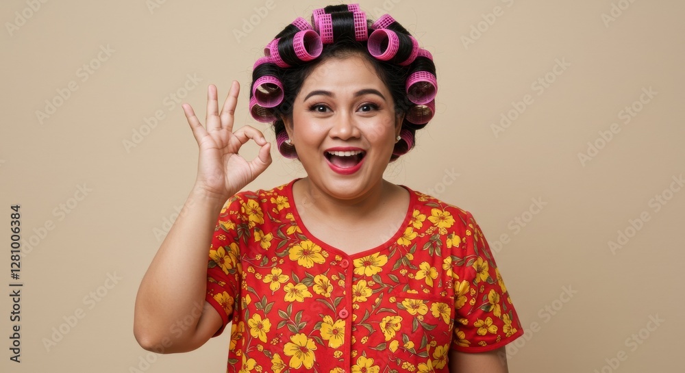 Happy Asian Woman in Hair Rollers Showing Okay Sign Smiling Portrait Happy Asian Woman in Hair Rollers Showing Okay Sign Smiling Portrait
