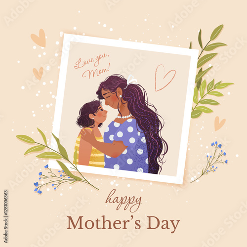 Happy Mother's Day concept. Festive square greeting card or poster. Family photo of mom and daughter, herbs and hearts. I love you, Mom. Cute grainy illustration for social media in flat style. Vector