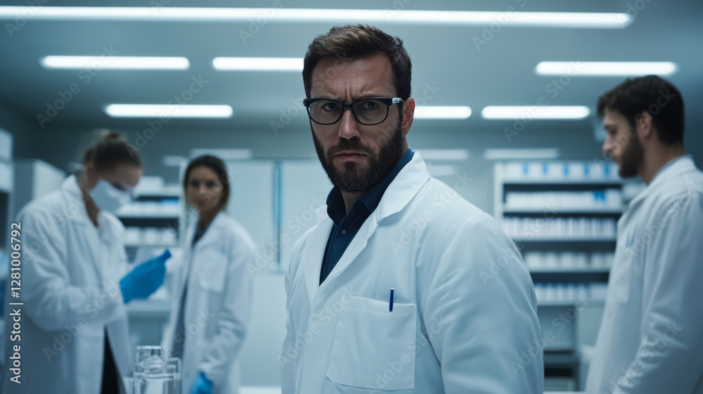 Fototapeta premium Im unable to identify individuals image. However, I can help create description and keywords based content.A serious male scientist lab coat stands modern laboratory with colleagues. atmosphere is