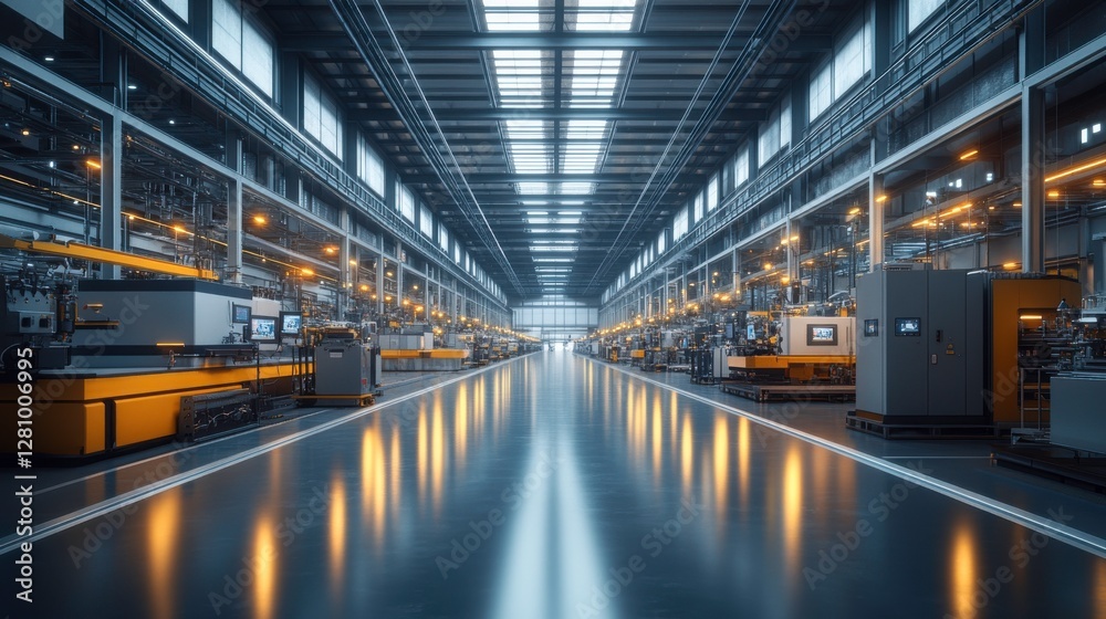 Obraz premium A spacious industrial factory interior with bright lighting, showcasing machinery and an extensive production area.