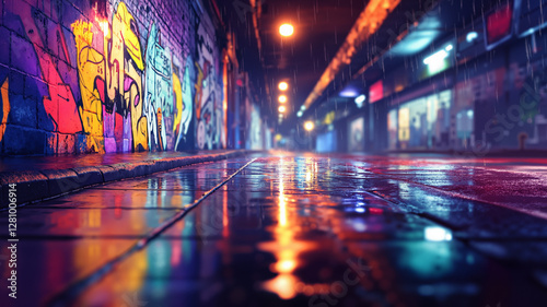 a city street at night with graffiti on the walls. The street is illuminated by street lights and the sky is dark