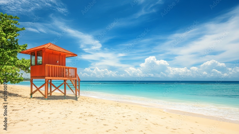 Red lifeguard hut on tropical beach with clear blue sky and ocean view Red lifeguard hut on tropical beach with clear blue sky and ocean view