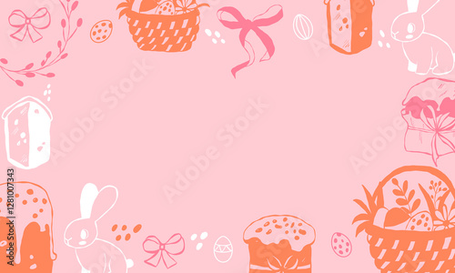 Easter frame with hand drawn bunnies, cakes, eggs