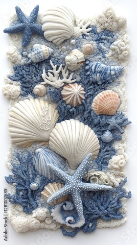 Artistic Arrangement of Seashells, Starfish, Corals, and Pebbles in Marine Scene