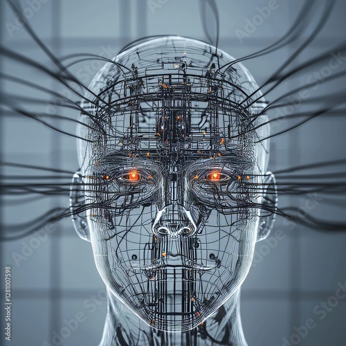 A robotic science fiction female is depicted in a 3D illustration as being hardwired for thought directly to a computer core photo