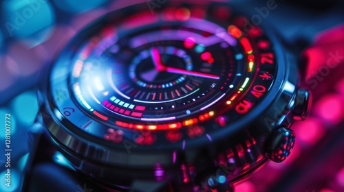 Wallpaper Mural A digital watch illuminates in vibrant colors, reflecting the synergy between technology and wellness focused on mindfulness and mental health improvement using apps and telemedicine. Torontodigital.ca