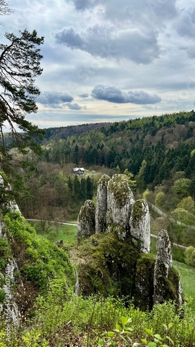 Vertical photo of Rekawica Rock in Ojcow National Park, shaped like a human hand. Ideal for travel, hiking, and active lifestyle themes, showcasing natural beauty, adventure, and outdoor exploration.