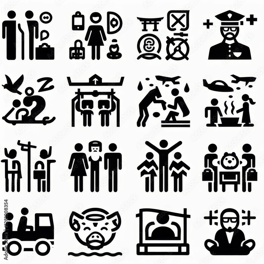 series of simple black-and-white clipart figures arranged in two rows, each with four distinct categories.
series of simple black-and-white clipart figures arranged in two rows, each with four distinct categories.