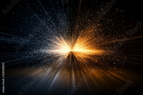 A defocused background of abstract glitter lights features a burst of gold light