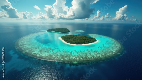 Aerial view of tropical island surrounded by coral reef affected by bleaching	