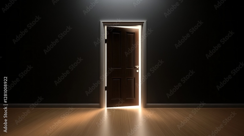 Soft light spills through an ajar door in a shadowy room, illuminating the wooden floor and suggesting a world waiting beyond. The ambiance evokes curiosity and intrigue Soft light spills through an ajar door in a shadowy room, illuminating the wooden floor and suggesting a world waiting beyond. The ambiance evokes curiosity and intrigue