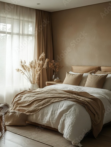 The beige bedroom displays an elegant interior with neutral colors