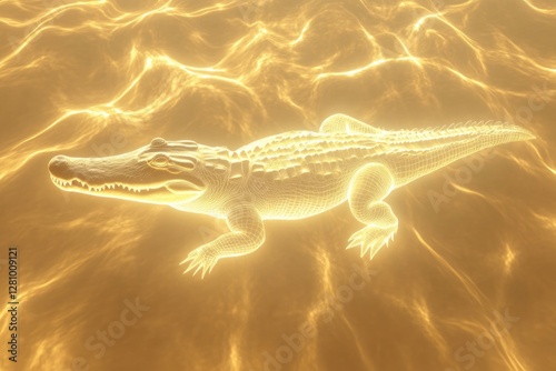 Golden crocodile gliding through shimmering water, creating myst