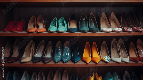 armario o closet con pares de zapatos de mujer de dama elegantes y modernos organizados por colores calzado con estilo y elegancia photo