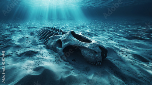 Massive prehistoric sea creature skull in sand, symbolizing ancient marine life mysteries.