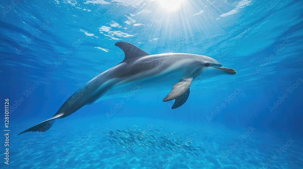 Obraz premium Graceful dolphin gliding through crystal-clear waters, illuminat