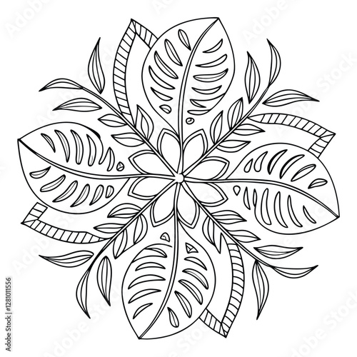 Floral Mandala Coloring Page: Intricate Leaf Design, Botanical Art, Relaxing Adult Coloring Book Illustration, Printable Flower Pattern