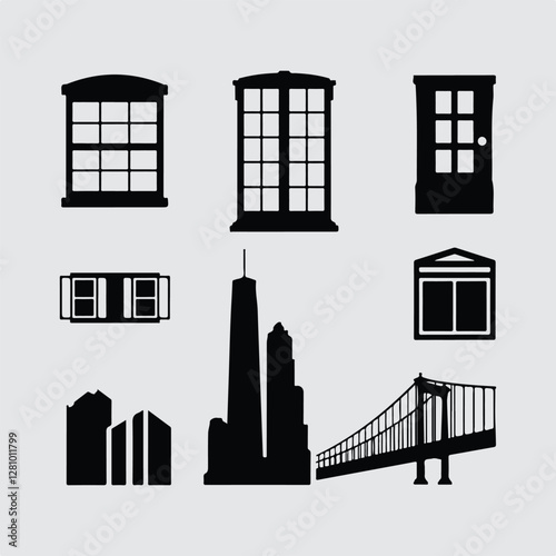 Urban Architecture Elements (Windows, Doors, etc.) Different Silhouette Vector on a White Background